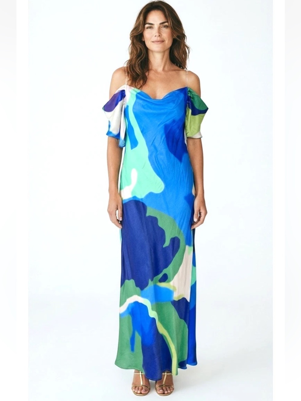 Anthropologie Bl-nk London Painterly Off Shoulder Slip Midi Dress Blue Med NWT